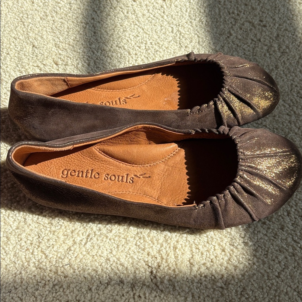 Gentle Souls Bayside Ballet Metallic Shimmer Gold Brown Flat Size 6